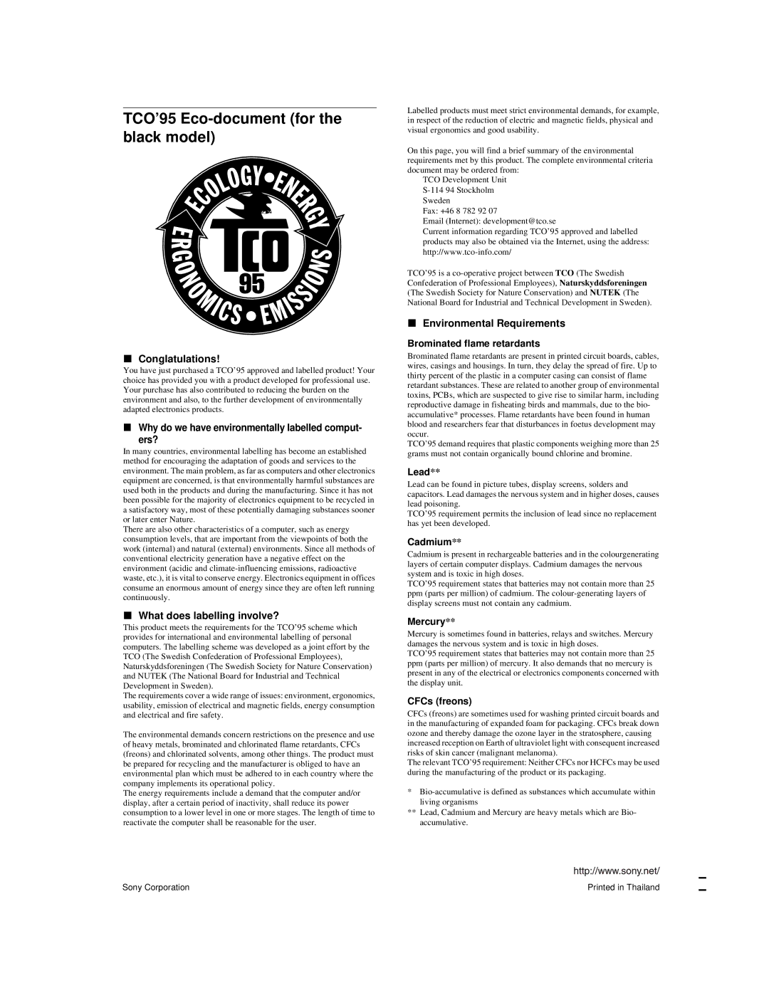 Sony SDM-X52 TCO’95 Eco-document for the black model, Conglatulations, Why do we have environmentally labelled comput Ers? 