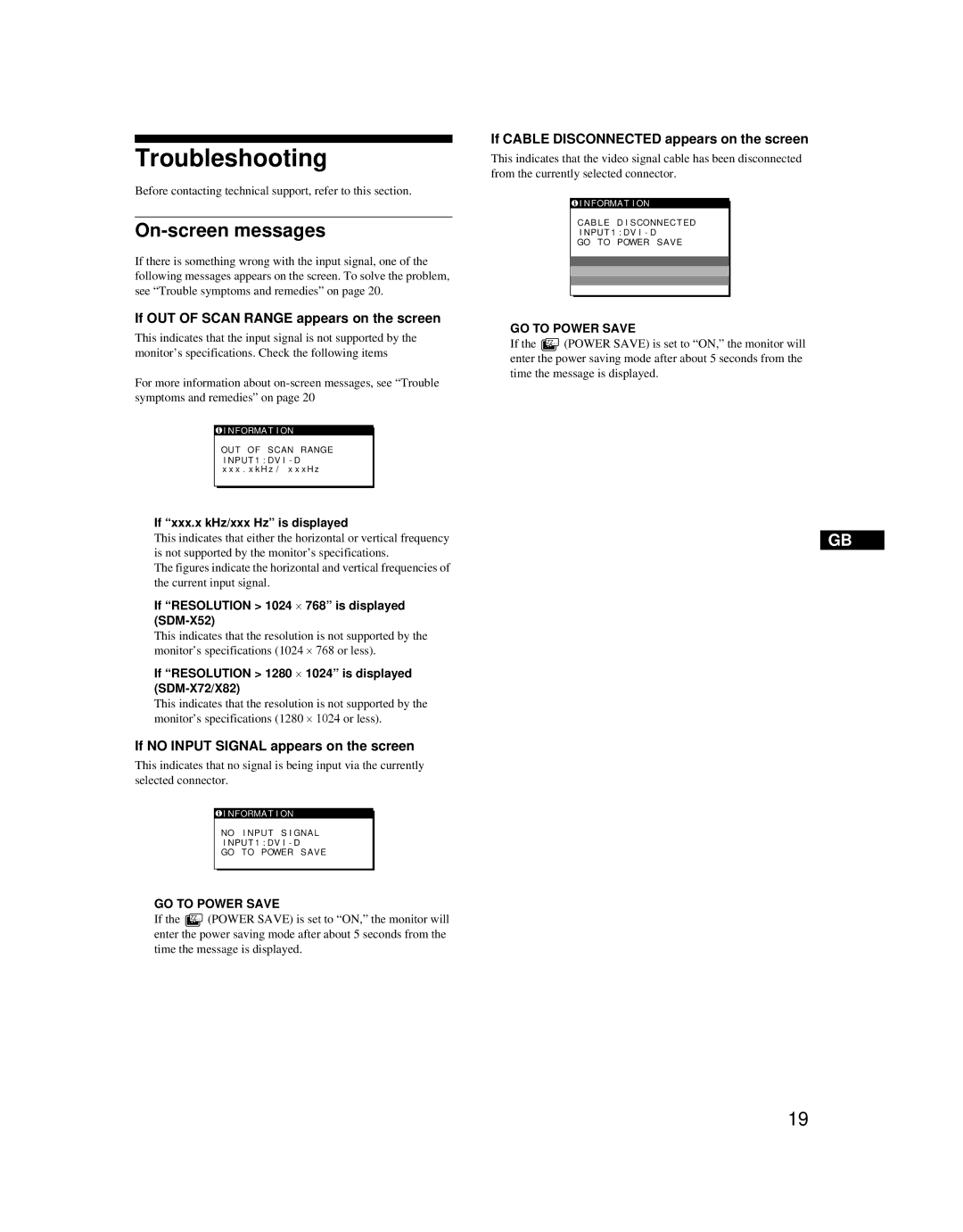 Sony SDM-X52 manual Troubleshooting, On-screen messages, If OUT of Scan Range appears on the screen 