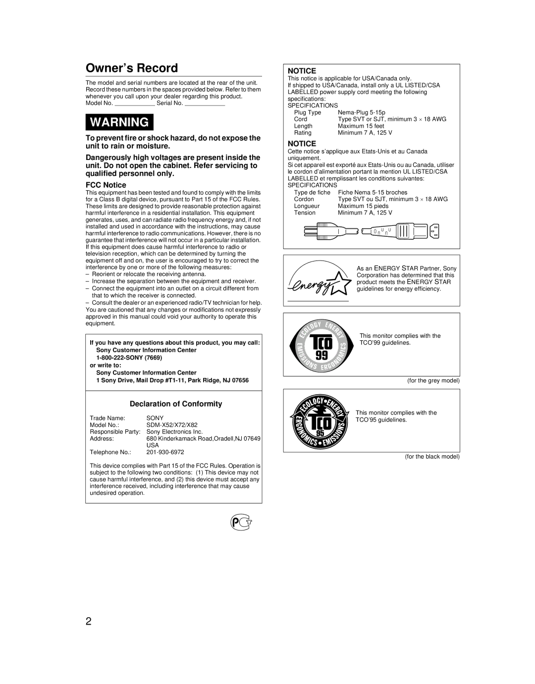 Sony SDM-X52 manual Owner’s Record, Declaration of Conformity 