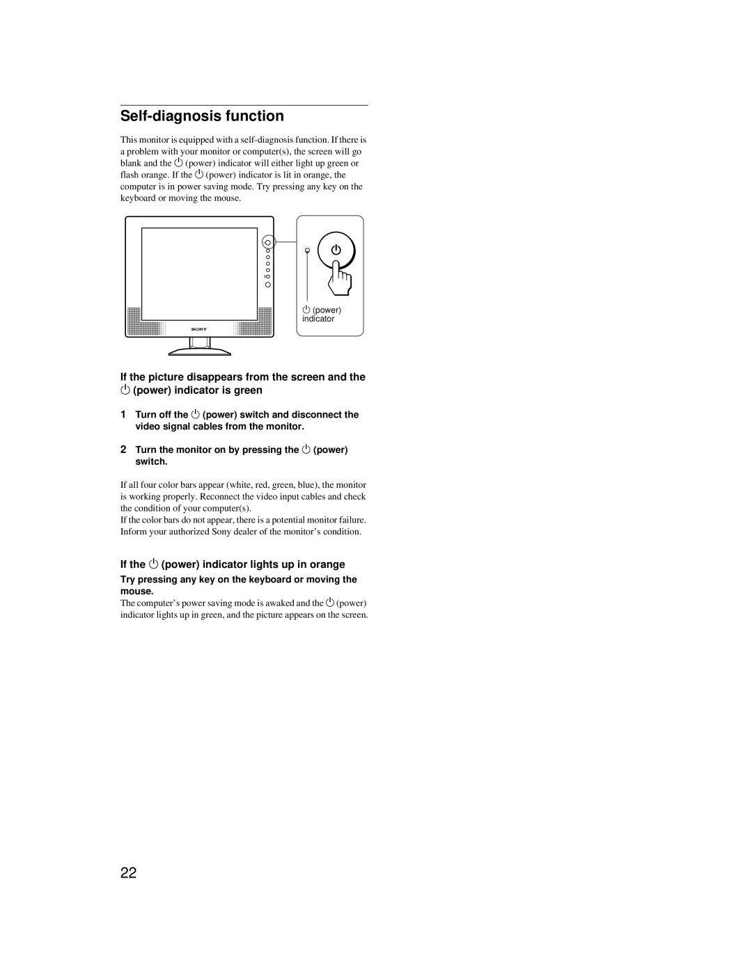 Sony SDM-X52 manual Self-diagnosis function, If the 1 power indicator lights up in orange 