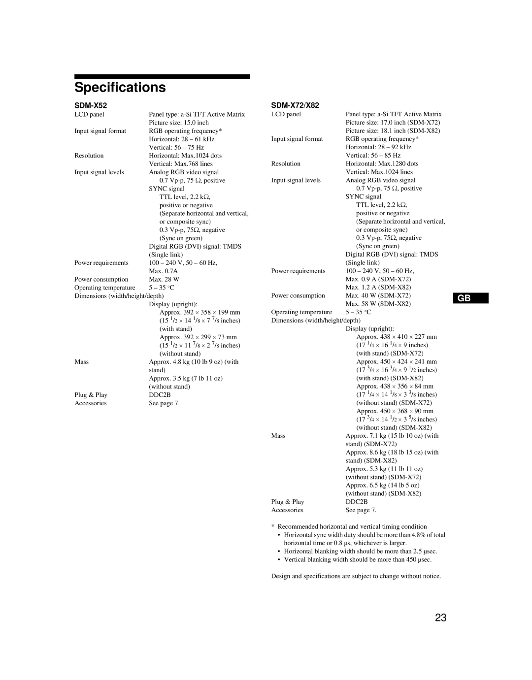 Sony SDM-X52 manual Specifications, SDM-X72/X82 