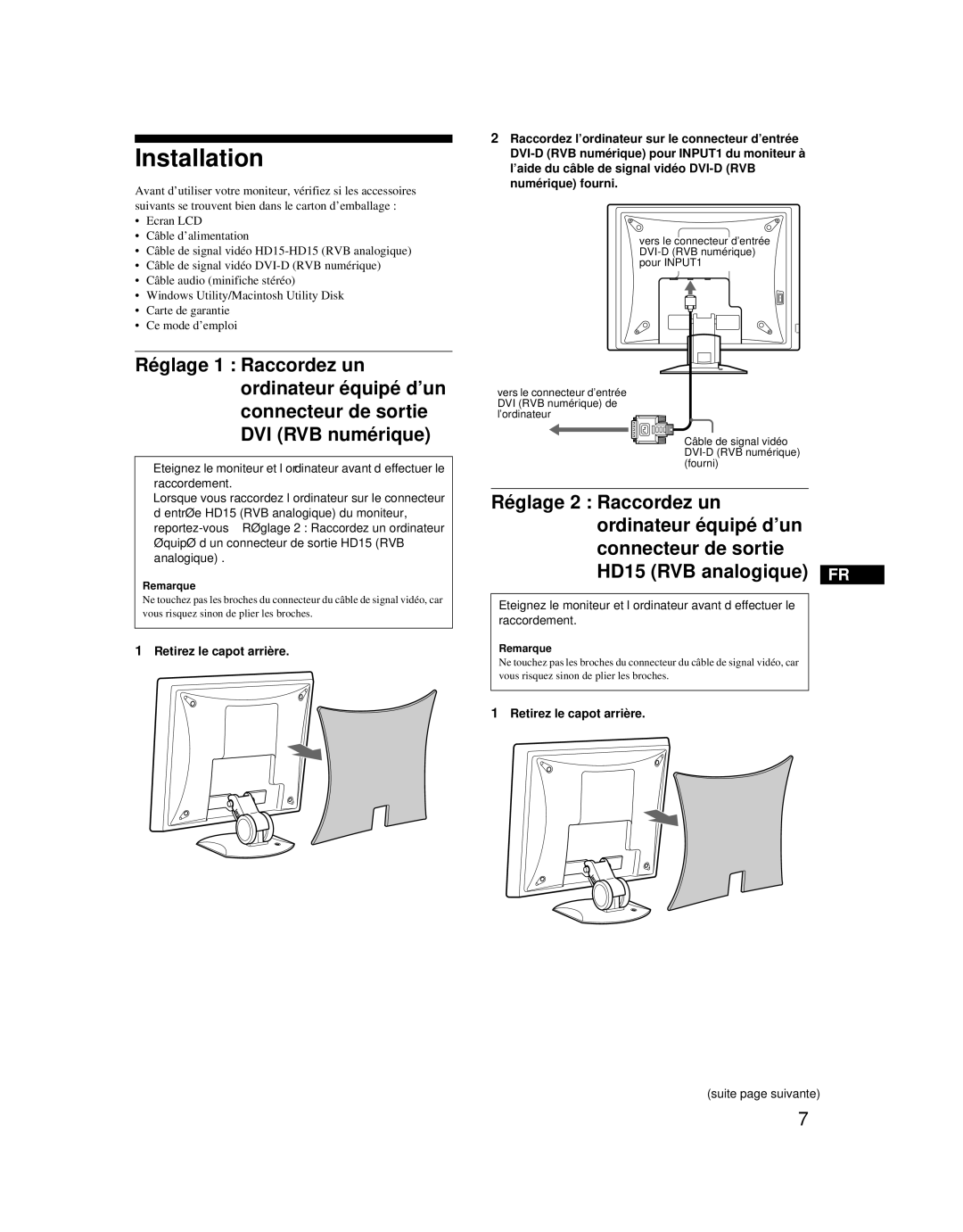 Sony SDM-X52 manual Installation, Retirez le capot arrière, Remarque 