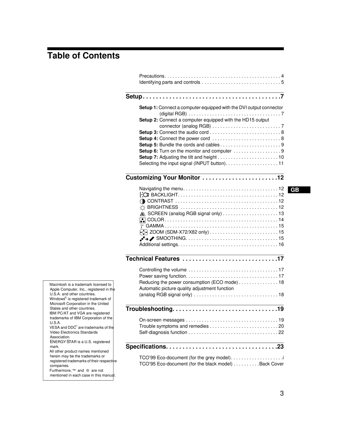 Sony SDM-X52 manual Table of Contents 