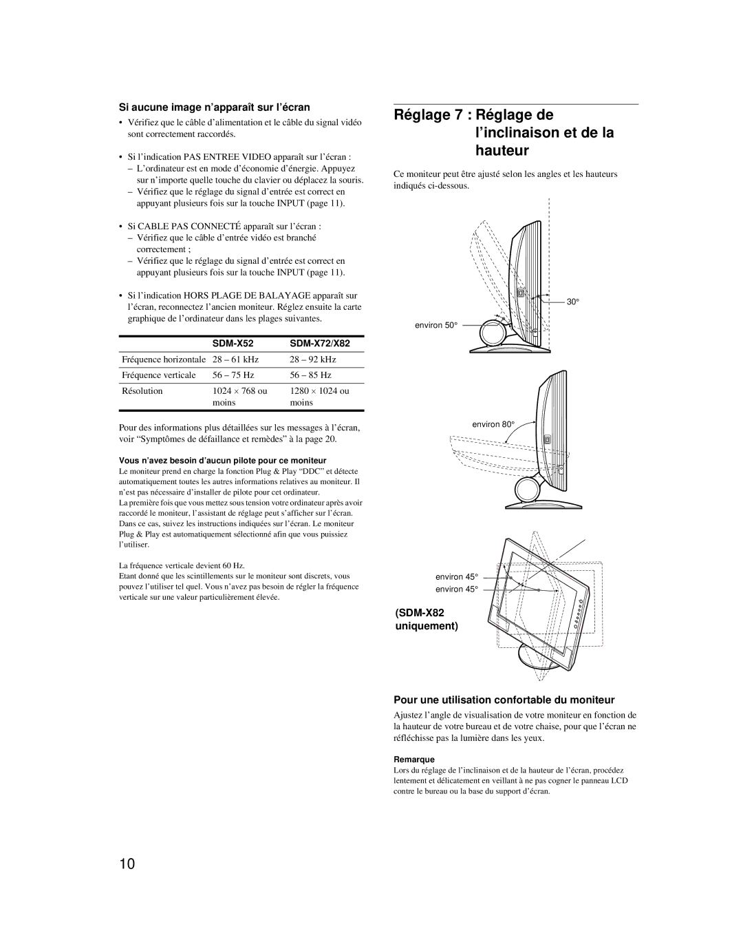 Sony SDM-X52 manual Réglage 7 Réglage de l’inclinaison et de la hauteur, Si aucune image n’apparaît sur l’écran 