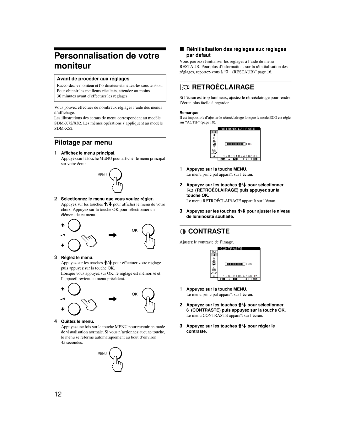 Sony SDM-X52 manual Personnalisation de votre moniteur, Pilotage par menu, Retroéclairage, Contraste 