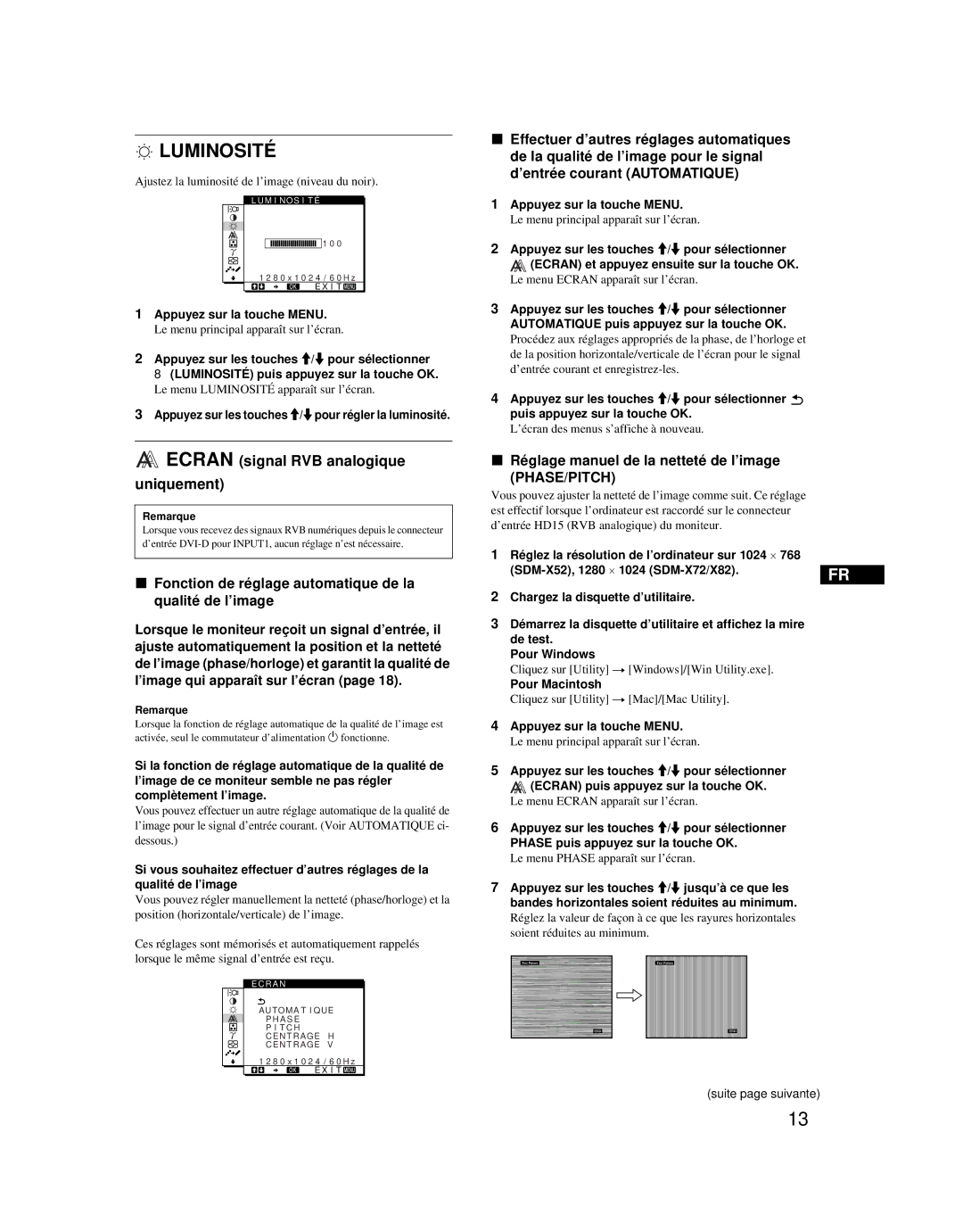 Sony SDM-X52 Luminosité, Ecran signal RVB analogique Uniquement, Fonction de réglage automatique de la qualité de l’image 