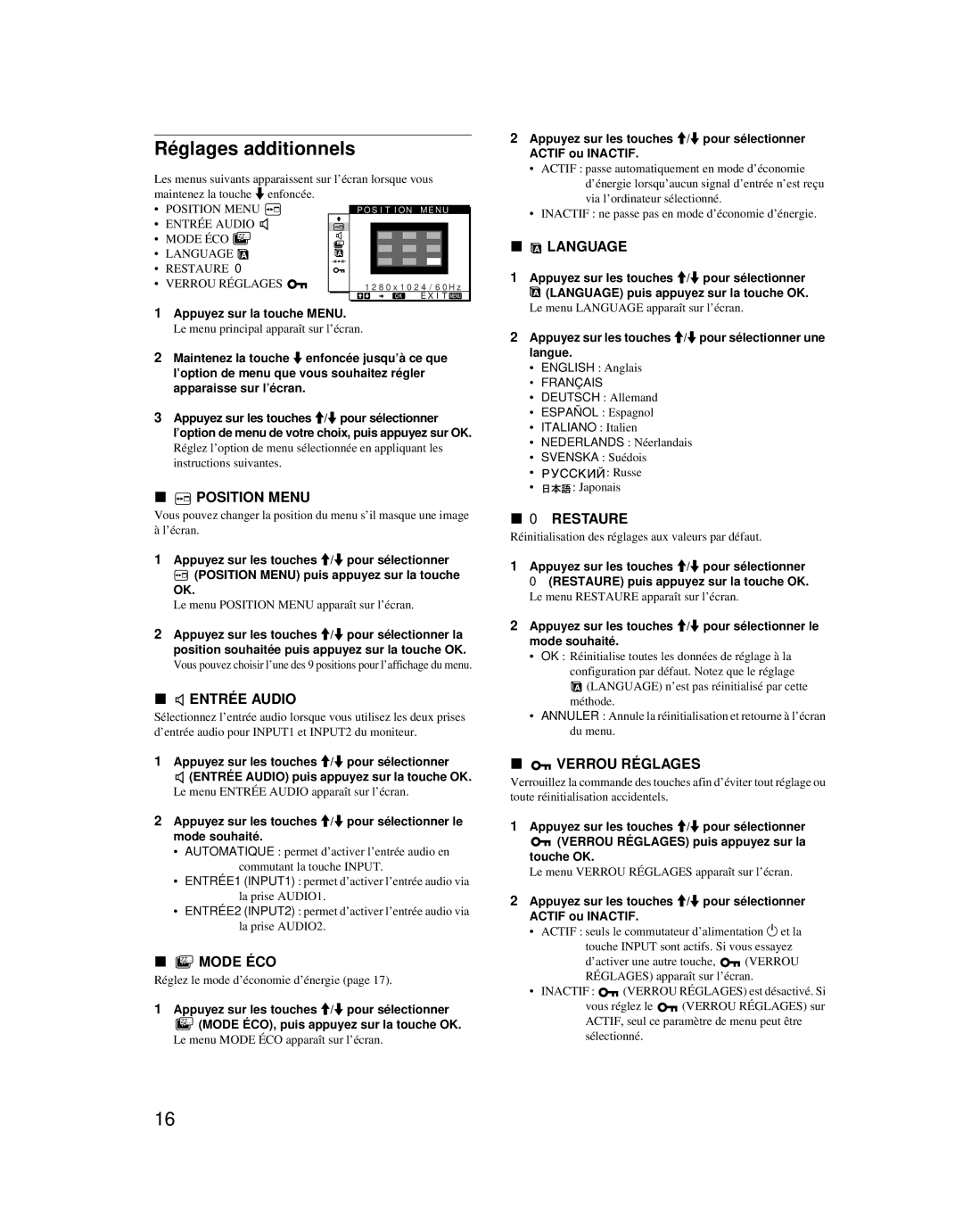 Sony SDM-X52 manual Réglages additionnels 