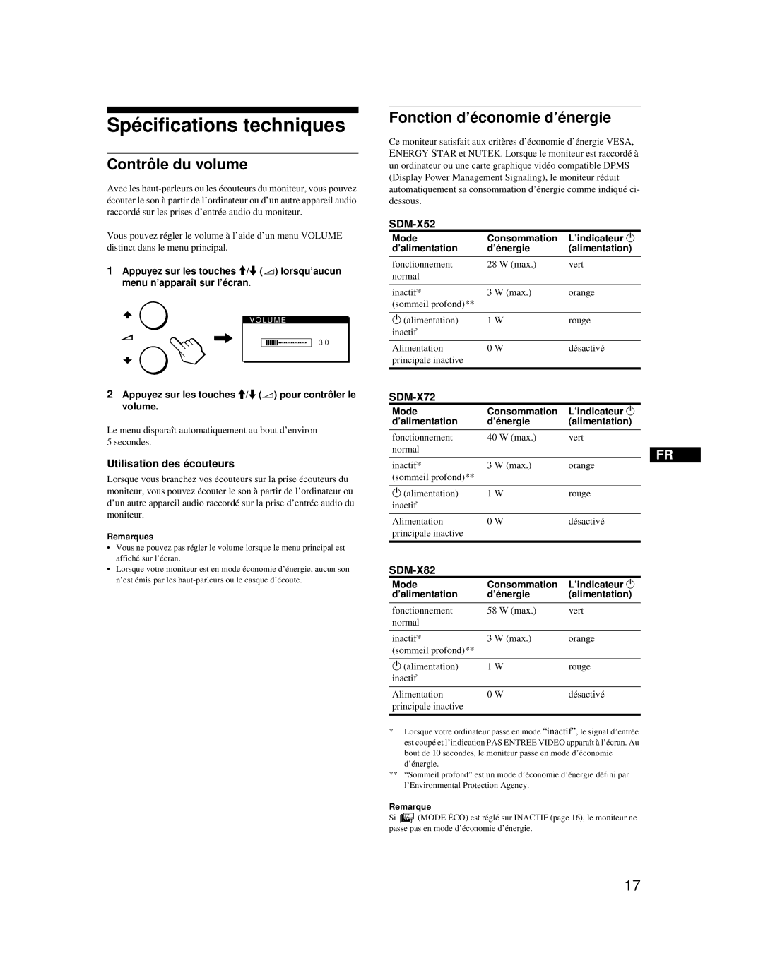 Sony SDM-X52 manual Spécifications techniques, Contrôle du volume, Fonction d’économie d’énergie, Utilisation des écouteurs 