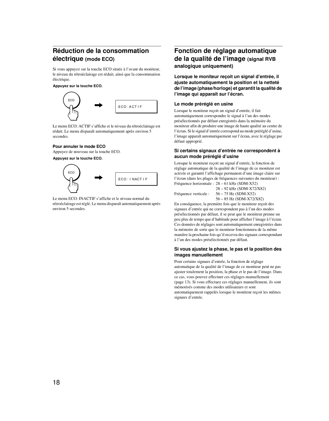 Sony SDM-X52 manual Réduction de la consommation électrique mode ECO, Analogique uniquement, Pour annuler le mode ECO 