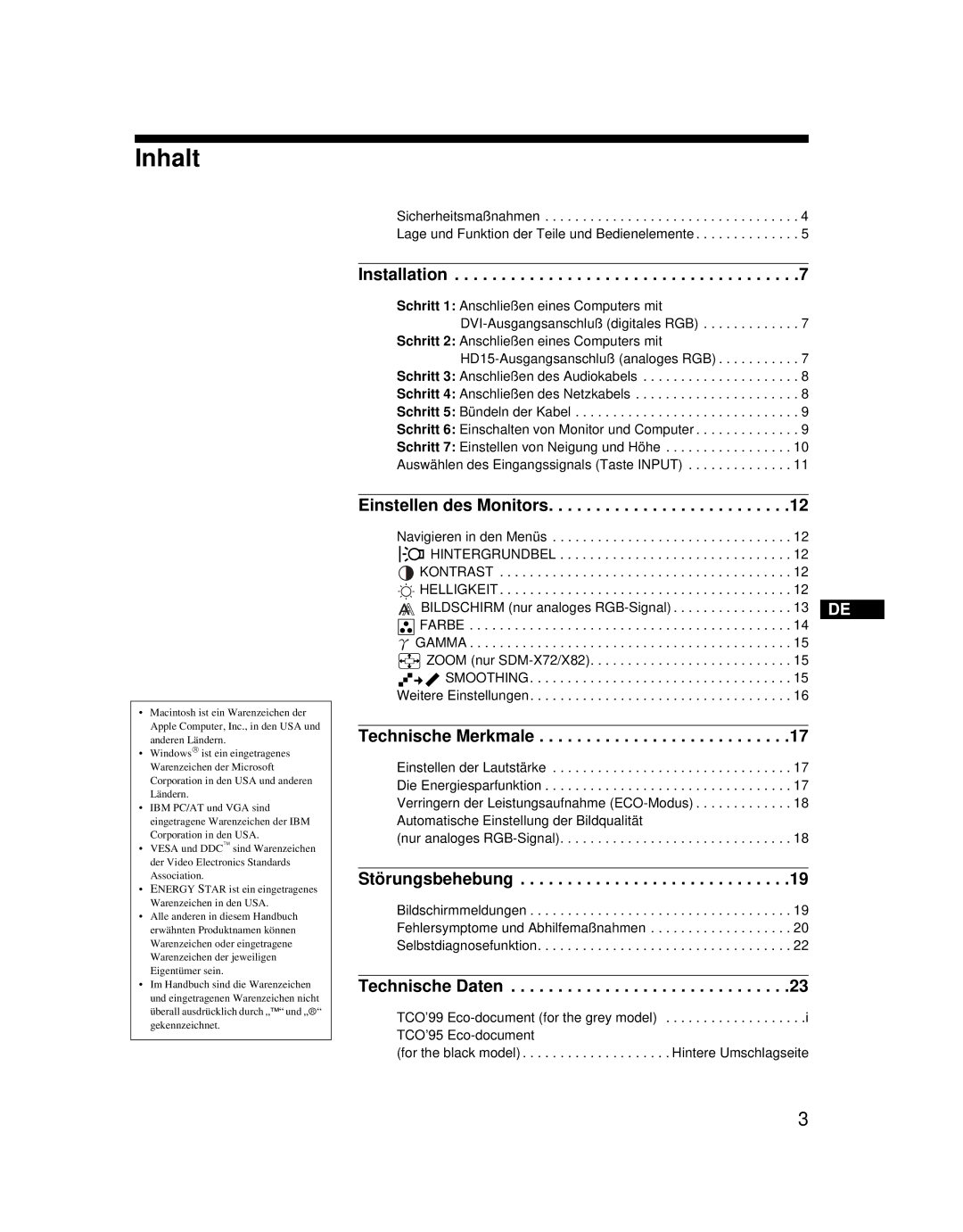 Sony SDM-X52 manual Inhalt, Einstellen des Monitors 