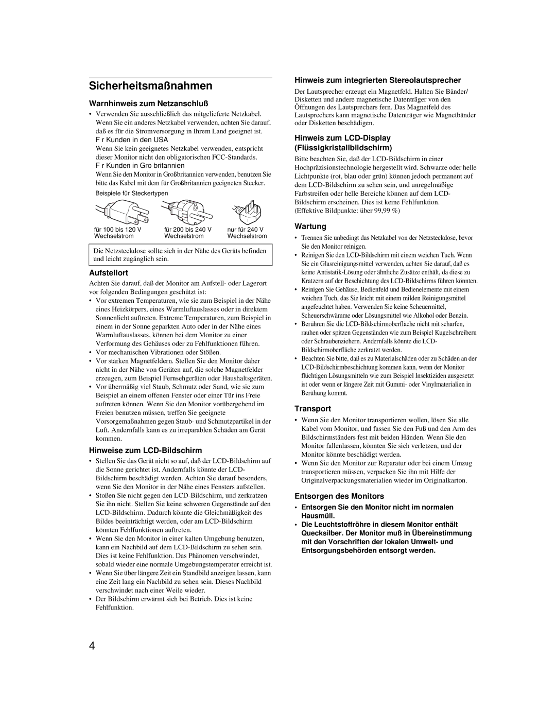 Sony SDM-X52 manual Sicherheitsmaßnahmen 