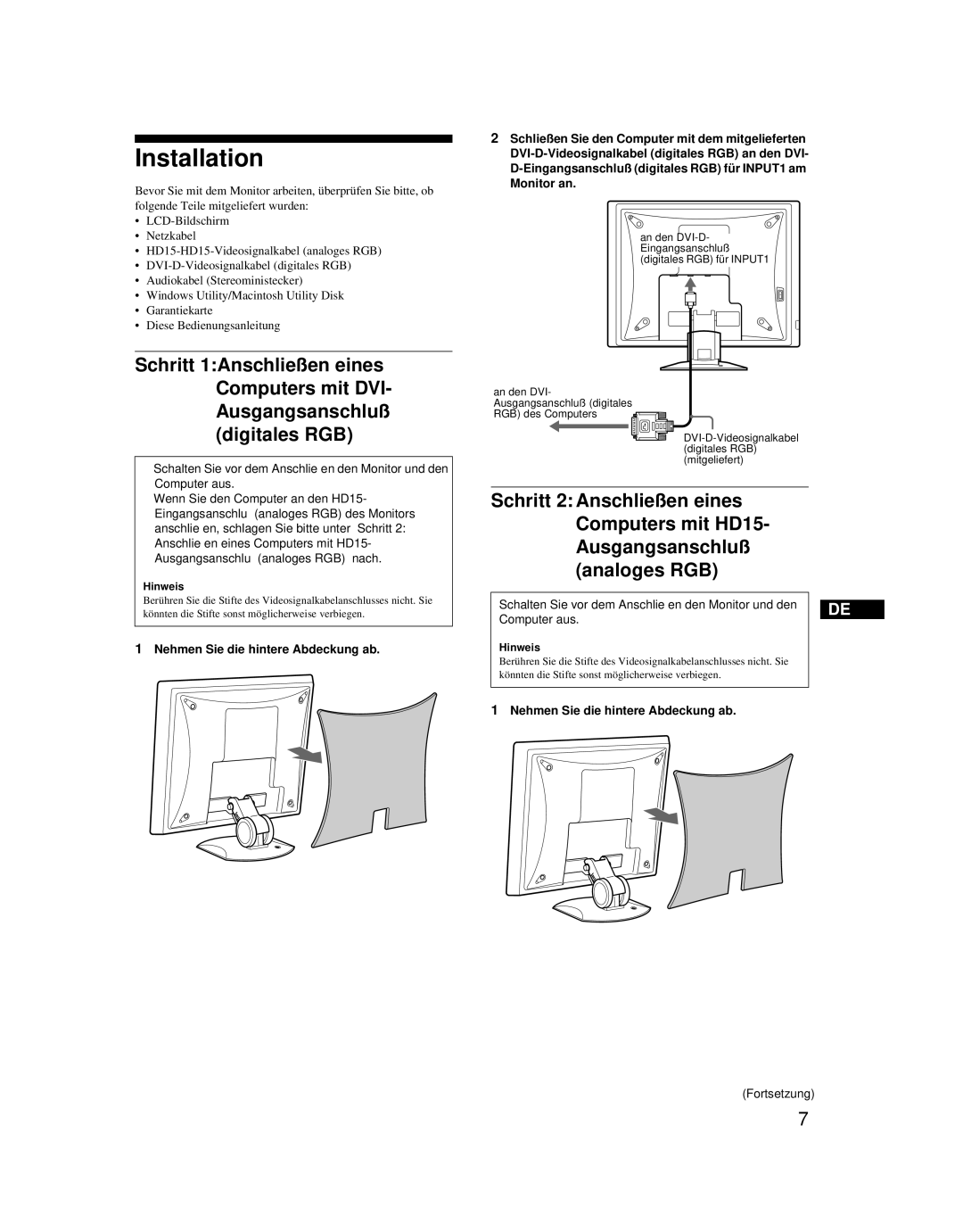 Sony SDM-X52 manual Nehmen Sie die hintere Abdeckung ab, Hinweis 