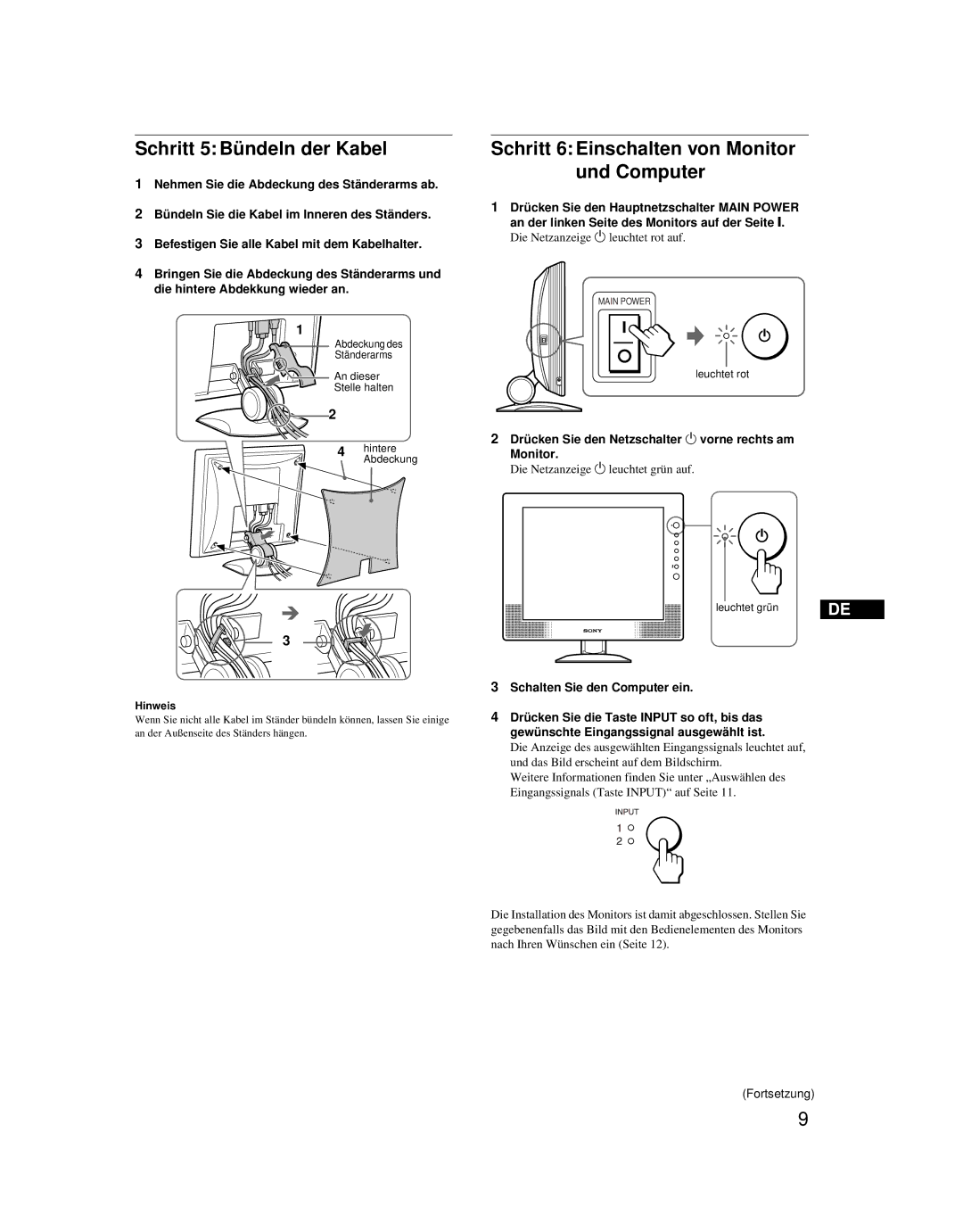 Sony SDM-X52 manual Schritt 5 Bündeln der Kabel, Schritt 6 Einschalten von Monitor und Computer 