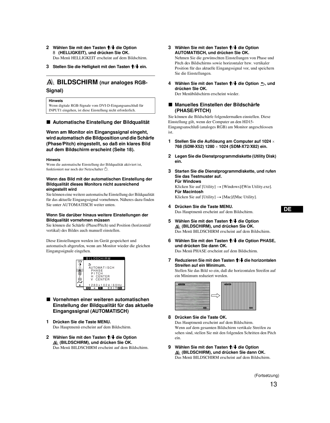 Sony SDM-X52 manual Bildschirm nur analoges RGB Signal, Automatische Einstellung der Bildqualität 