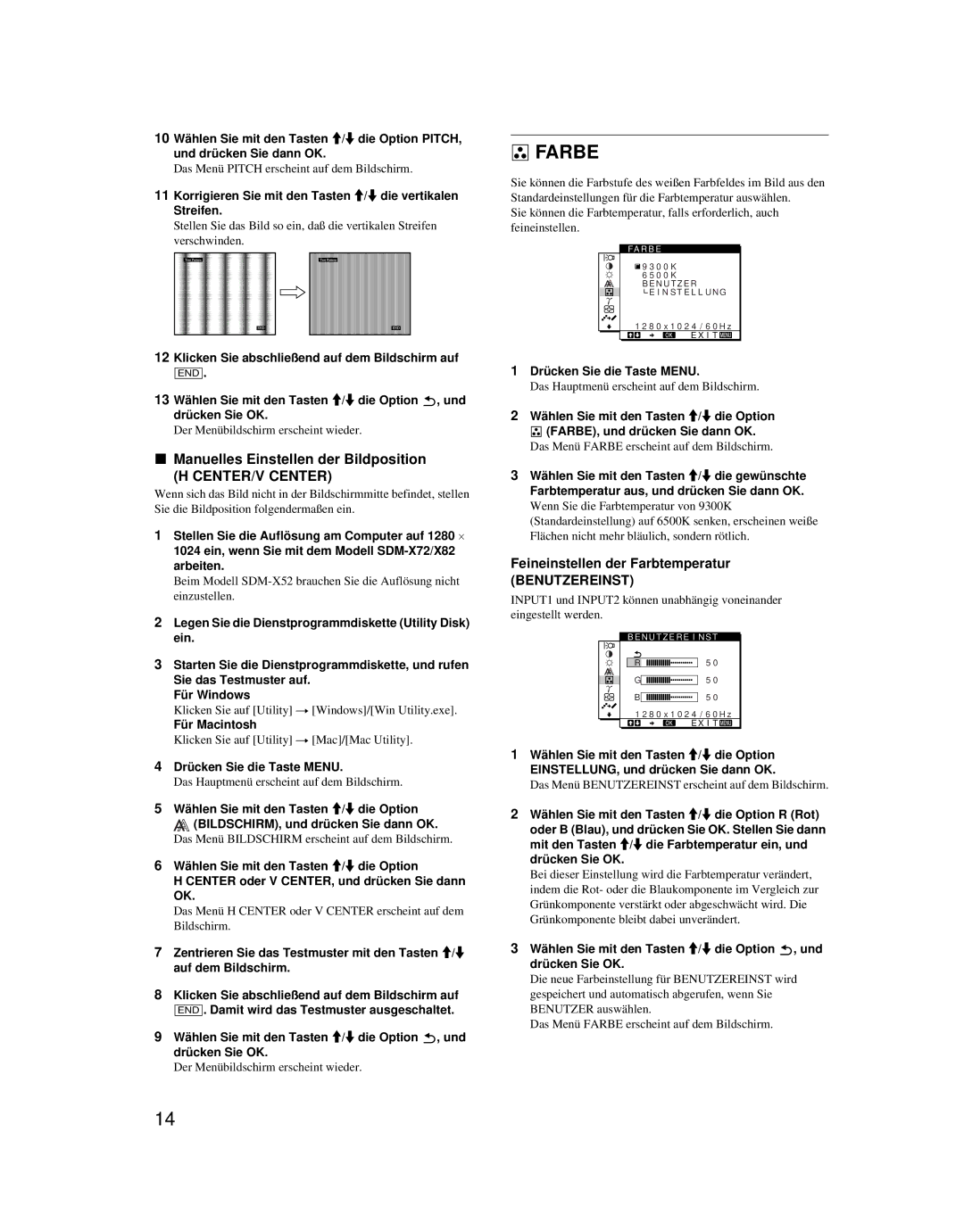 Sony SDM-X52 manual Farbe, Manuelles Einstellen der Bildposition, Feineinstellen der Farbtemperatur 