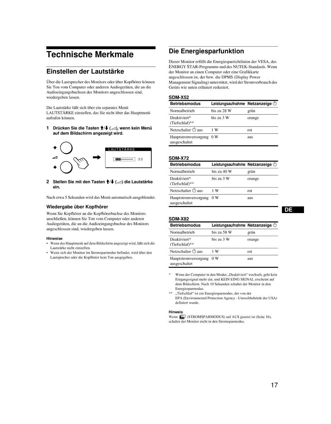 Sony SDM-X52 manual Technische Merkmale, Einstellen der Lautstärke, Die Energiesparfunktion, Wiedergabe über Kopfhörer 