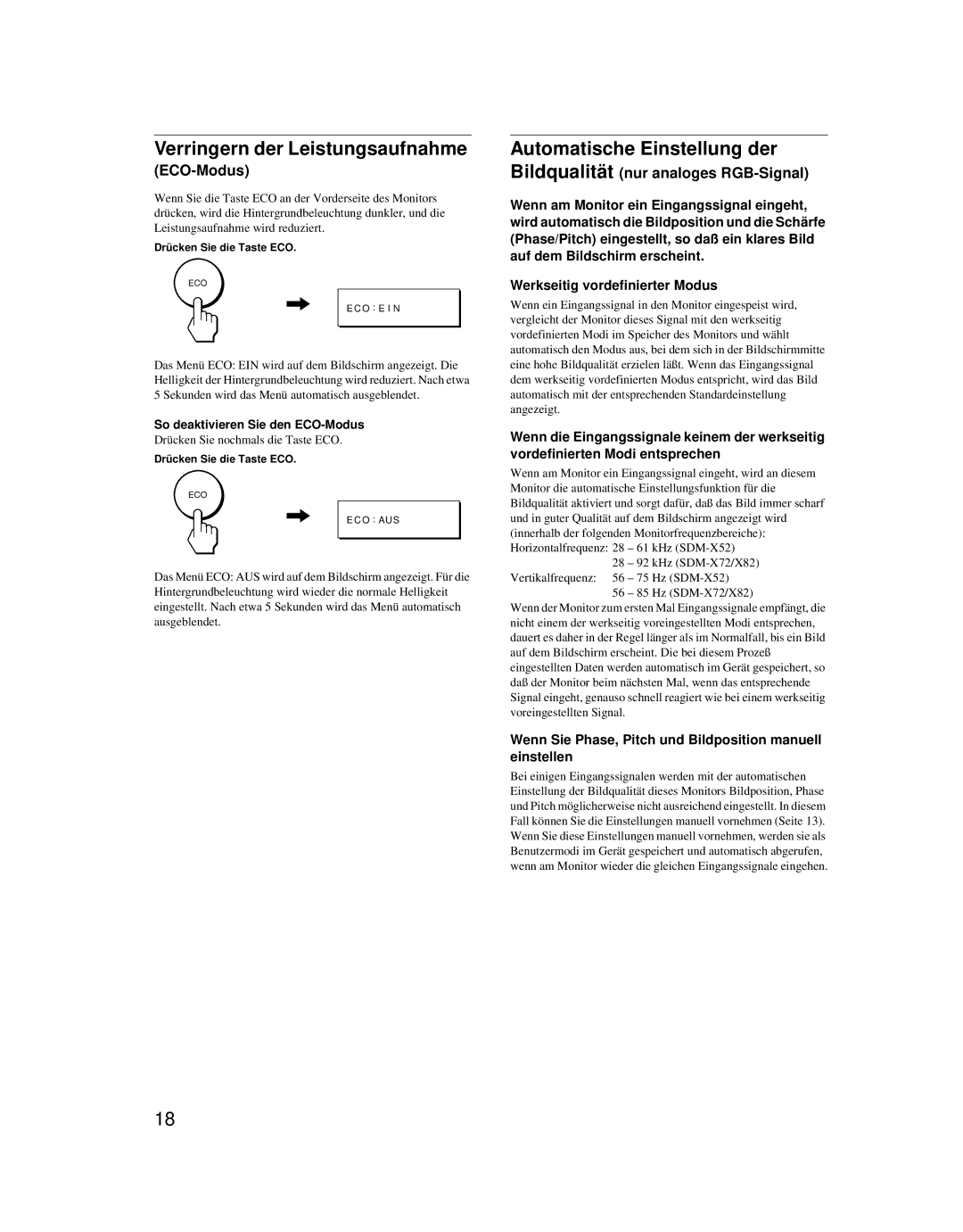 Sony SDM-X52 manual Verringern der Leistungsaufnahme, Automatische Einstellung der, ECO-Modus 