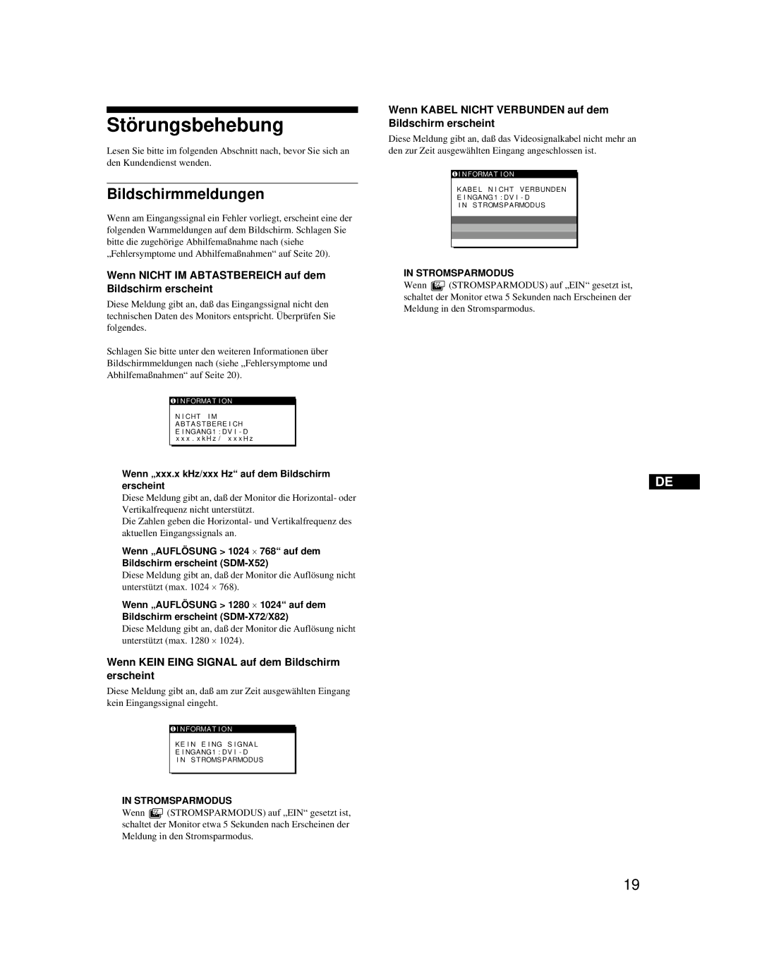 Sony SDM-X52 manual Störungsbehebung, Bildschirmmeldungen, Wenn Nicht IM Abtastbereich auf dem Bildschirm erscheint 