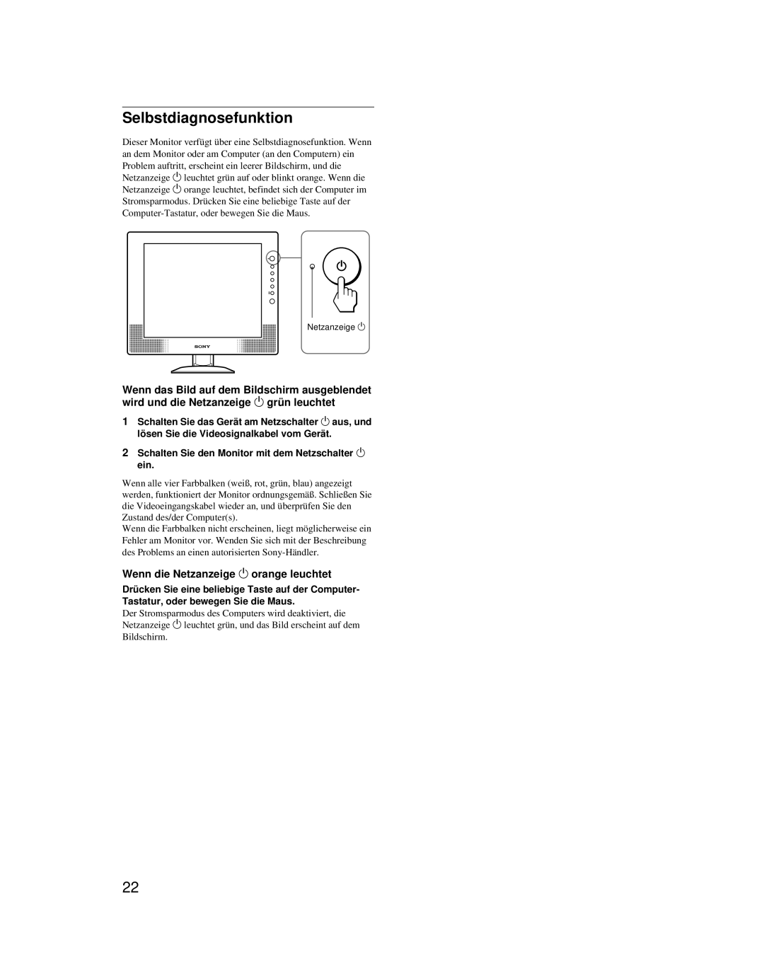 Sony SDM-X52 manual Selbstdiagnosefunktion, Wenn die Netzanzeige 1 orange leuchtet 