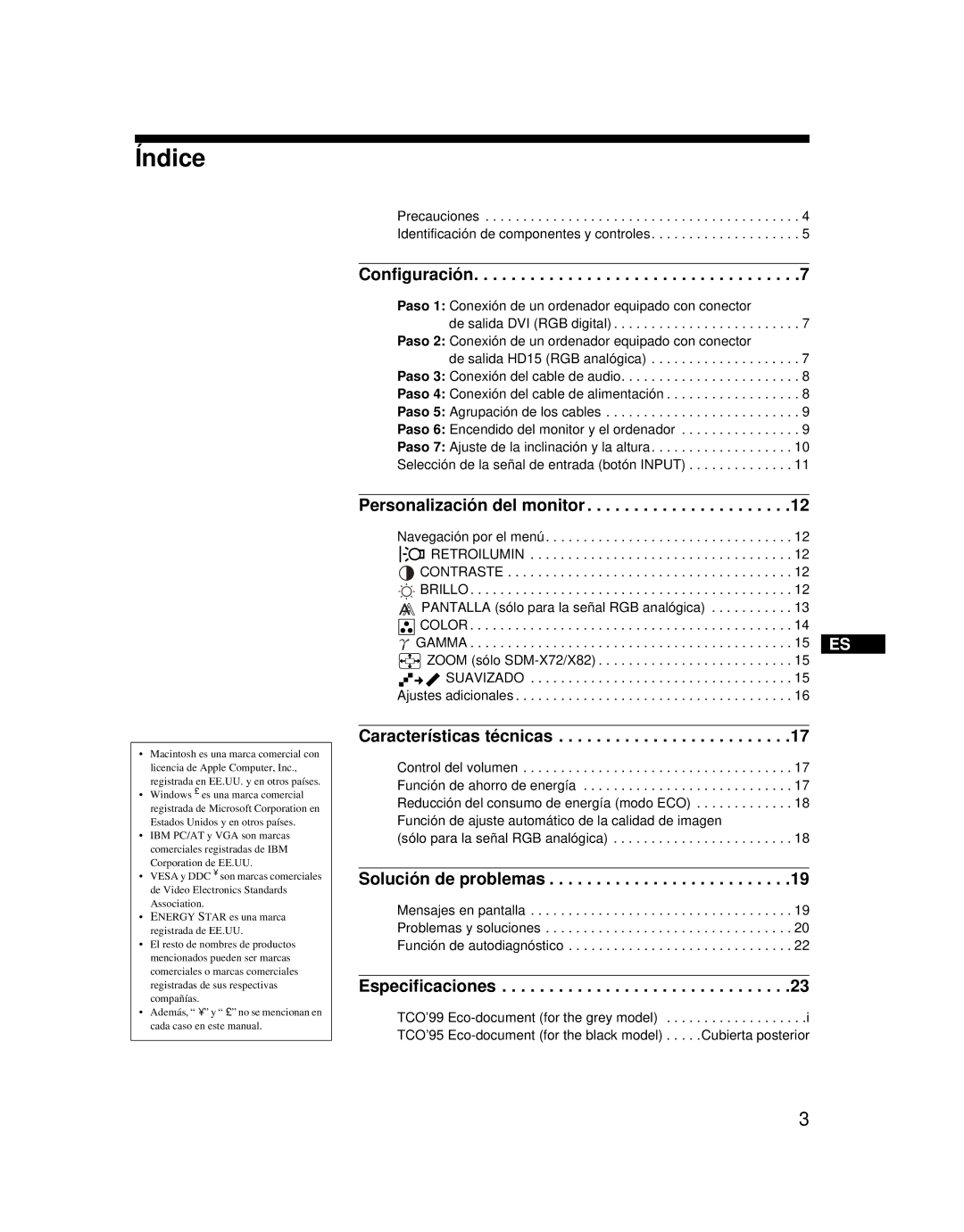 Sony SDM-X52 manual Índice, Configuración 