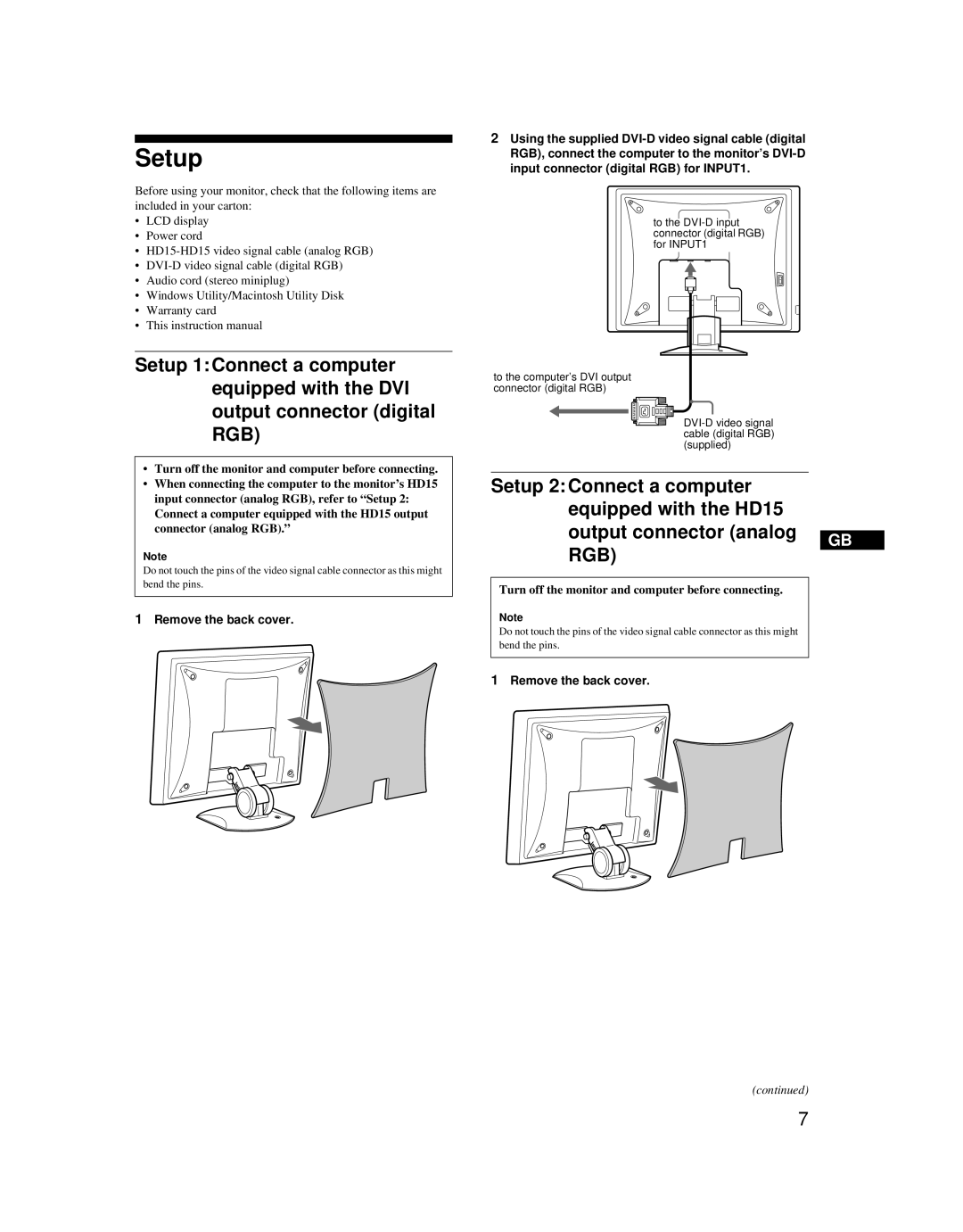 Sony SDM-X52 manual Setup, Rgb, Remove the back cover 