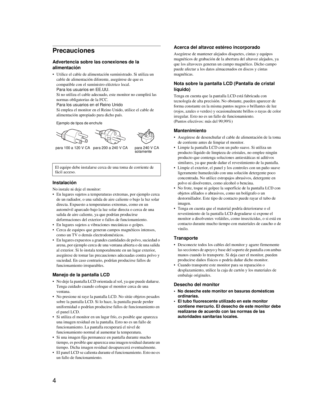 Sony SDM-X52 manual Precauciones 