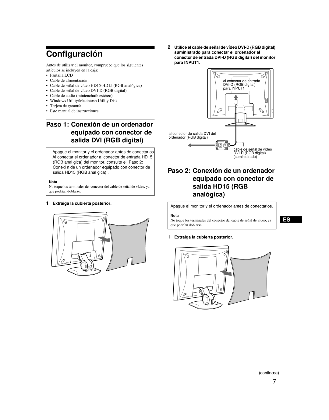 Sony SDM-X52 Configuración, Equipado con conector de Salida HD15 RGB Analógica, Paso 2 Conexión de un ordenador, Nota 