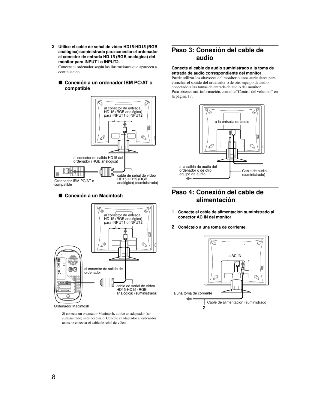 Sony SDM-X52 manual Paso 3 Conexión del cable de audio, Paso 4 Conexión del cable de alimentación, Conexión a un Macintosh 