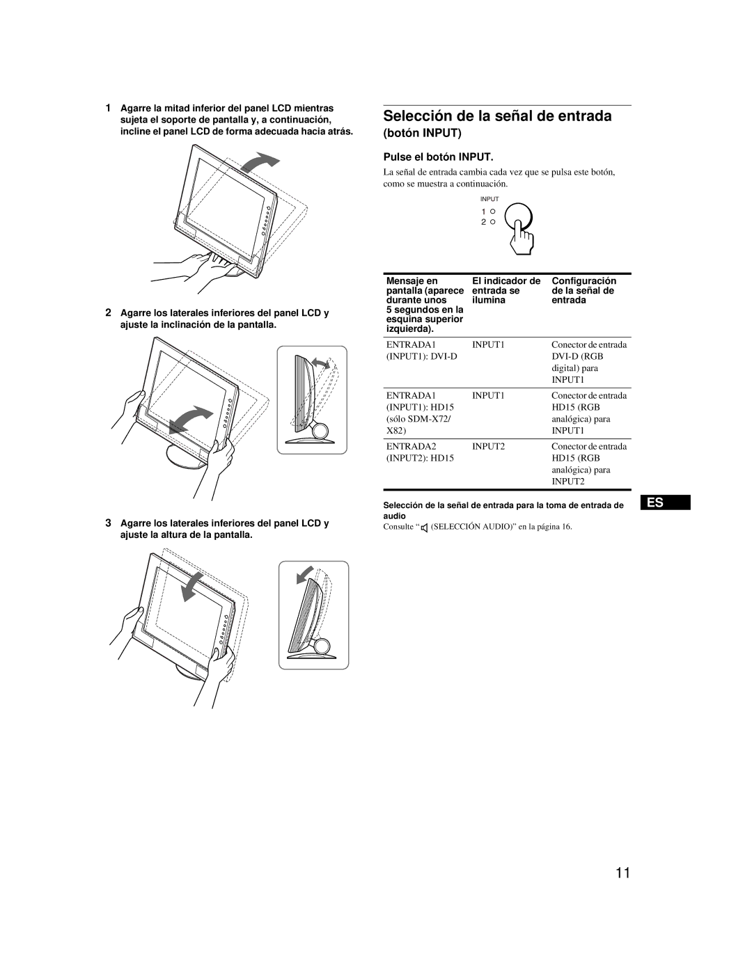 Sony SDM-X52 manual Selección de la señal de entrada, Botón Input, Pulse el botón Input, Audio 