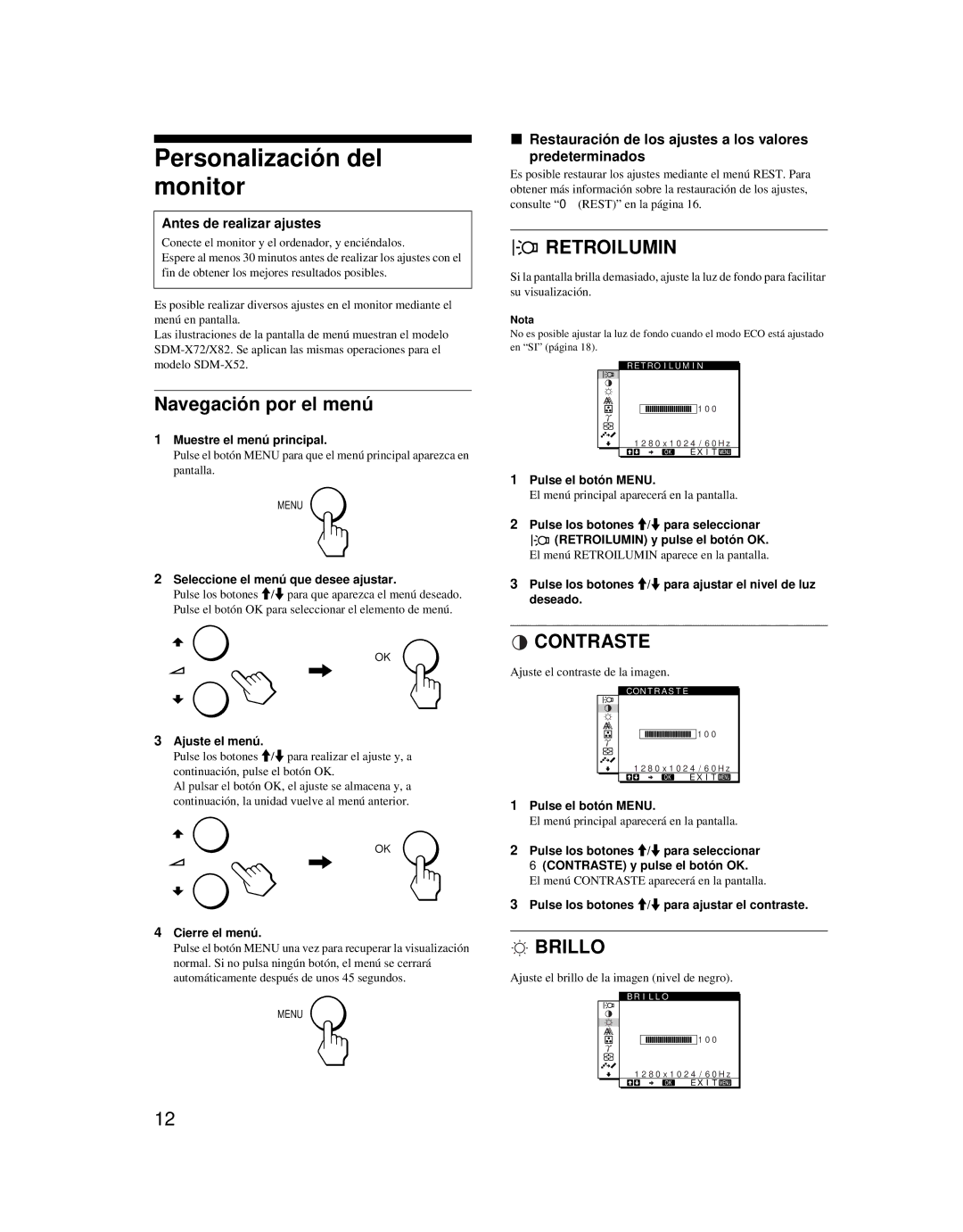 Sony SDM-X52 manual Personalización del monitor, Navegación por el menú, Retroilumin, Brillo 