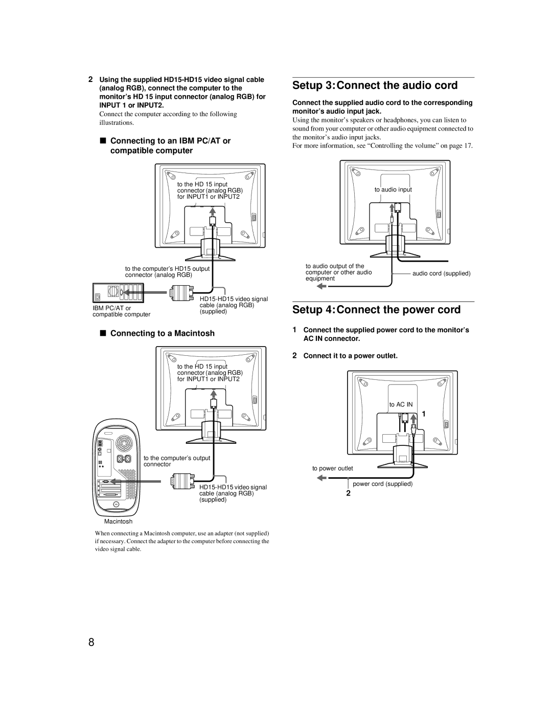 Sony SDM-X52 manual Setup 3Connect the audio cord, Setup 4Connect the power cord, Connecting to a Macintosh 