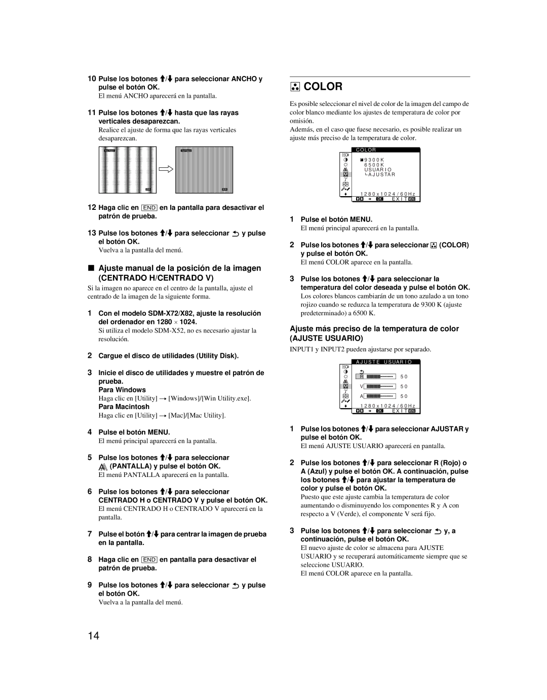 Sony SDM-X52 Ajuste manual de la posición de la imagen, Ajuste más preciso de la temperatura de color 