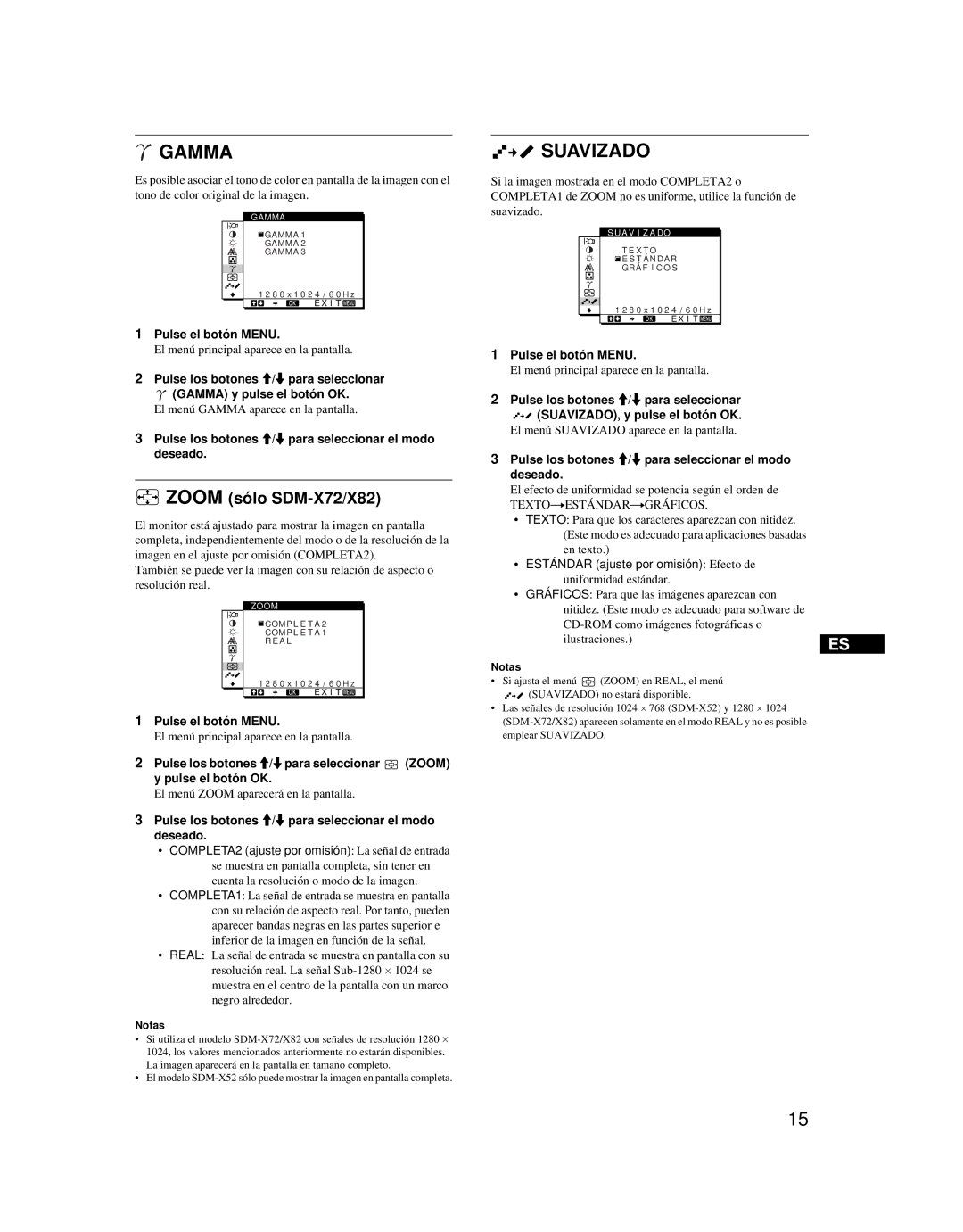 Sony SDM-X52 manual Suavizado, Pulse los botones M/m para seleccionar el modo deseado, Notas 