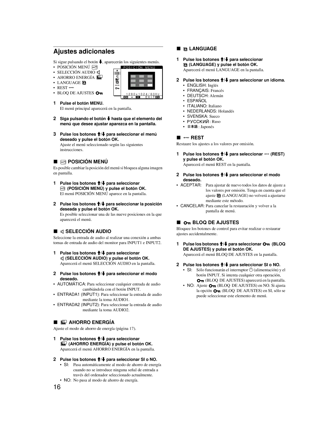 Sony SDM-X52 manual Ajustes adicionales 