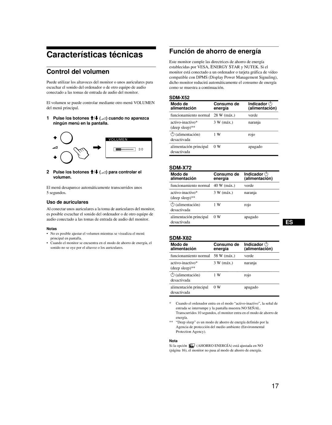 Sony SDM-X52 manual Características técnicas, Control del volumen, Función de ahorro de energía, Uso de auriculares 