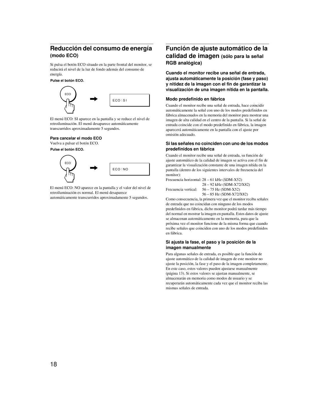 Sony SDM-X52 manual Reducción del consumo de energía, Función de ajuste automático de la calidad de imagen, Modo ECO 