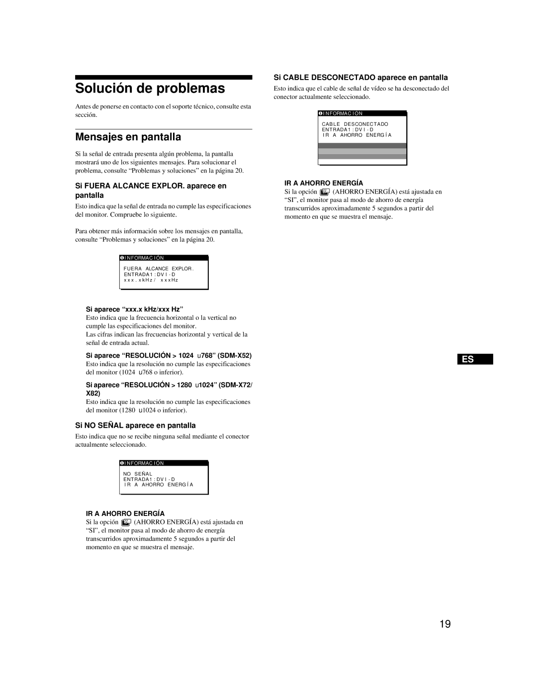 Sony SDM-X52 manual Solución de problemas, Mensajes en pantalla, Si Fuera Alcance EXPLOR. aparece en pantalla 