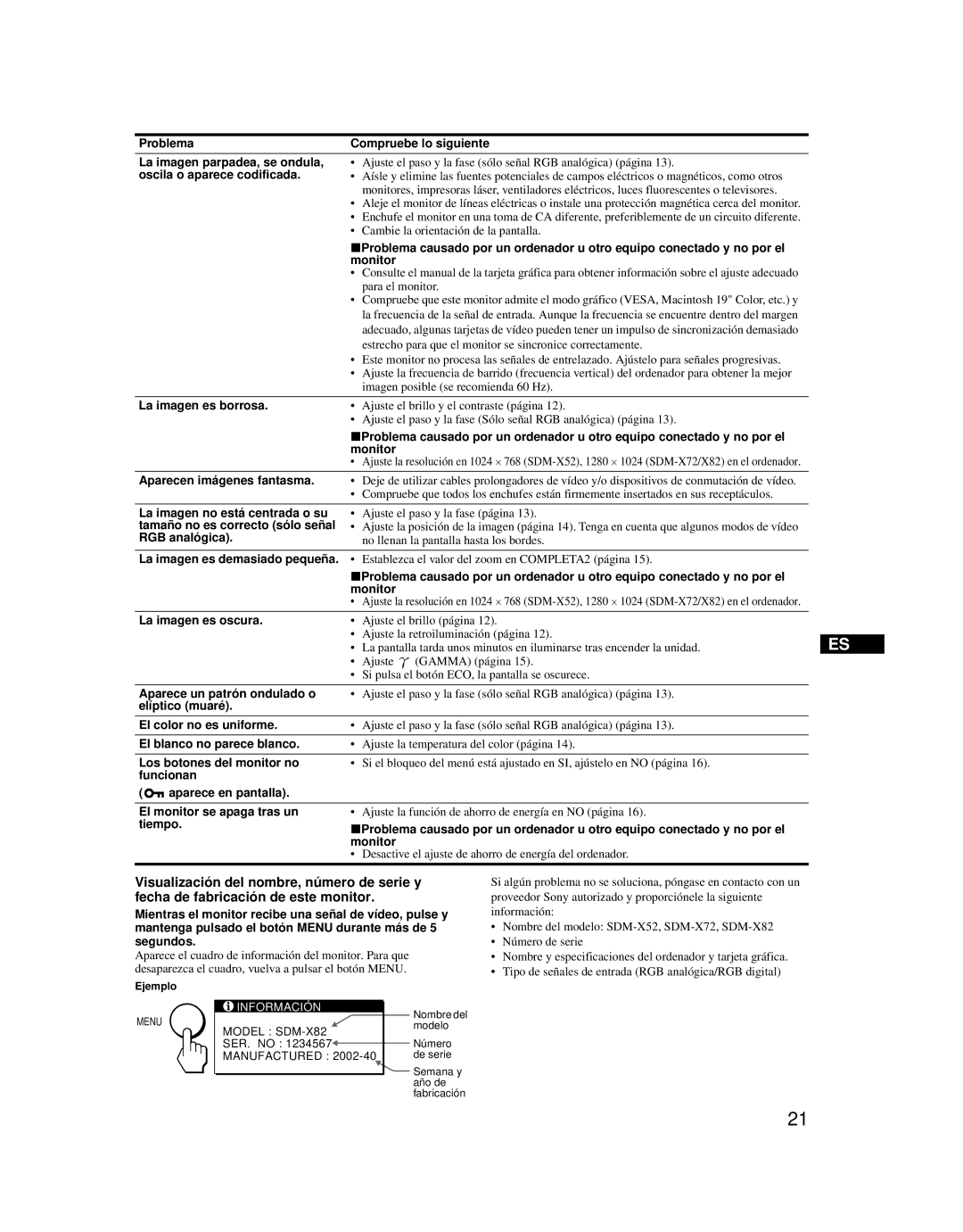 Sony SDM-X52 manual Oscila o aparece codificada, La imagen es borrosa, Aparecen imágenes fantasma, RGB analógica 