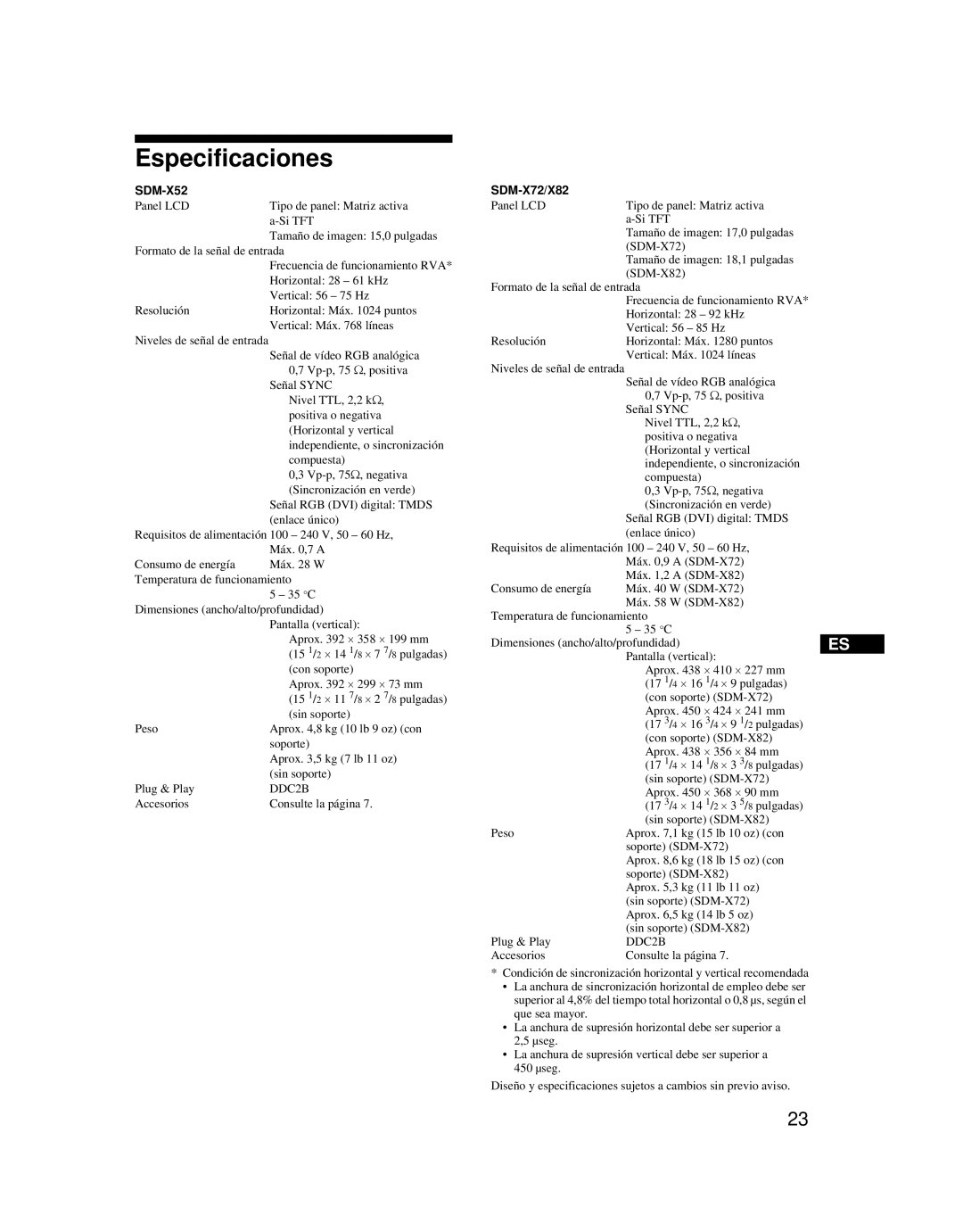 Sony SDM-X52 manual Especificaciones, SDM-X72/X82 