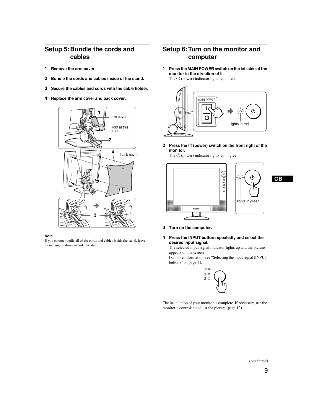 Sony SDM-X52 manual Setup 5Bundle the cords and cables, Setup 6 Turn on the monitor and computer 