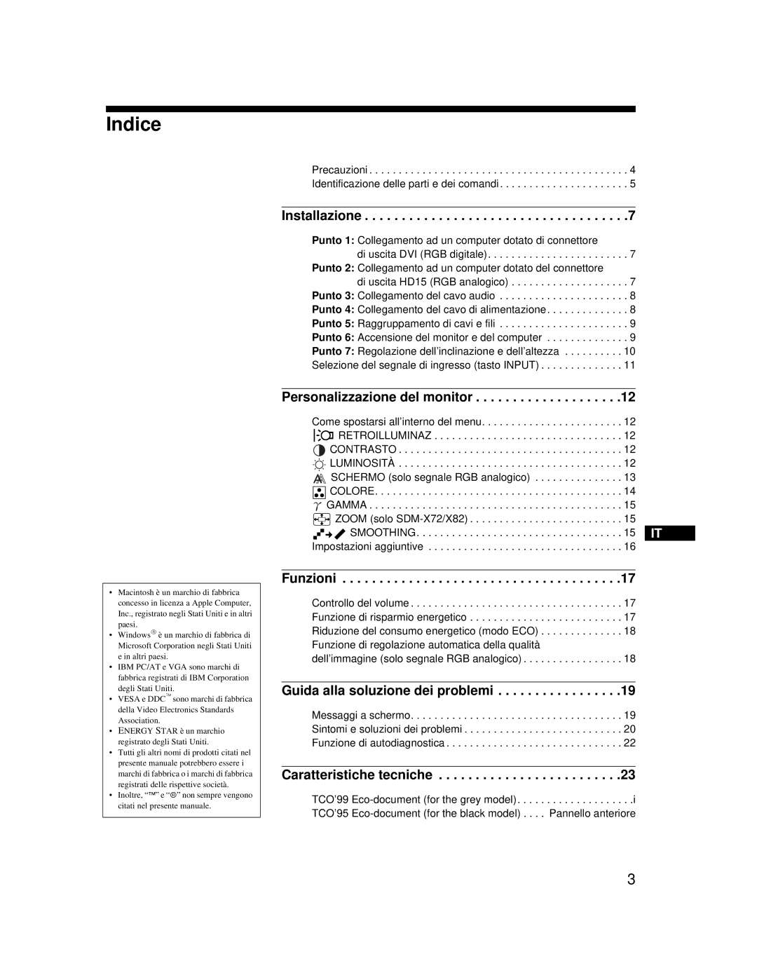 Sony SDM-X52 manual Indice, Installazione 