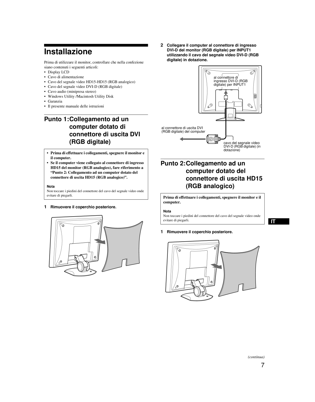 Sony SDM-X52 manual Installazione, Rimuovere il coperchio posteriore 