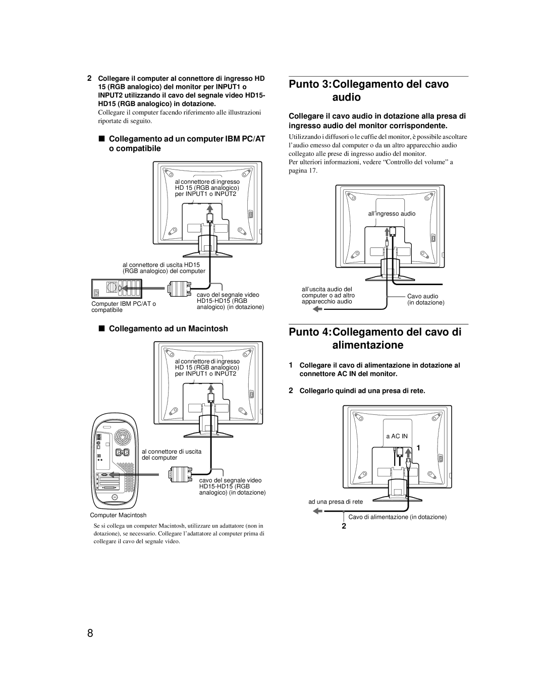 Sony SDM-X52 manual Punto 3Collegamento del cavo audio, Punto 4Collegamento del cavo di alimentazione 