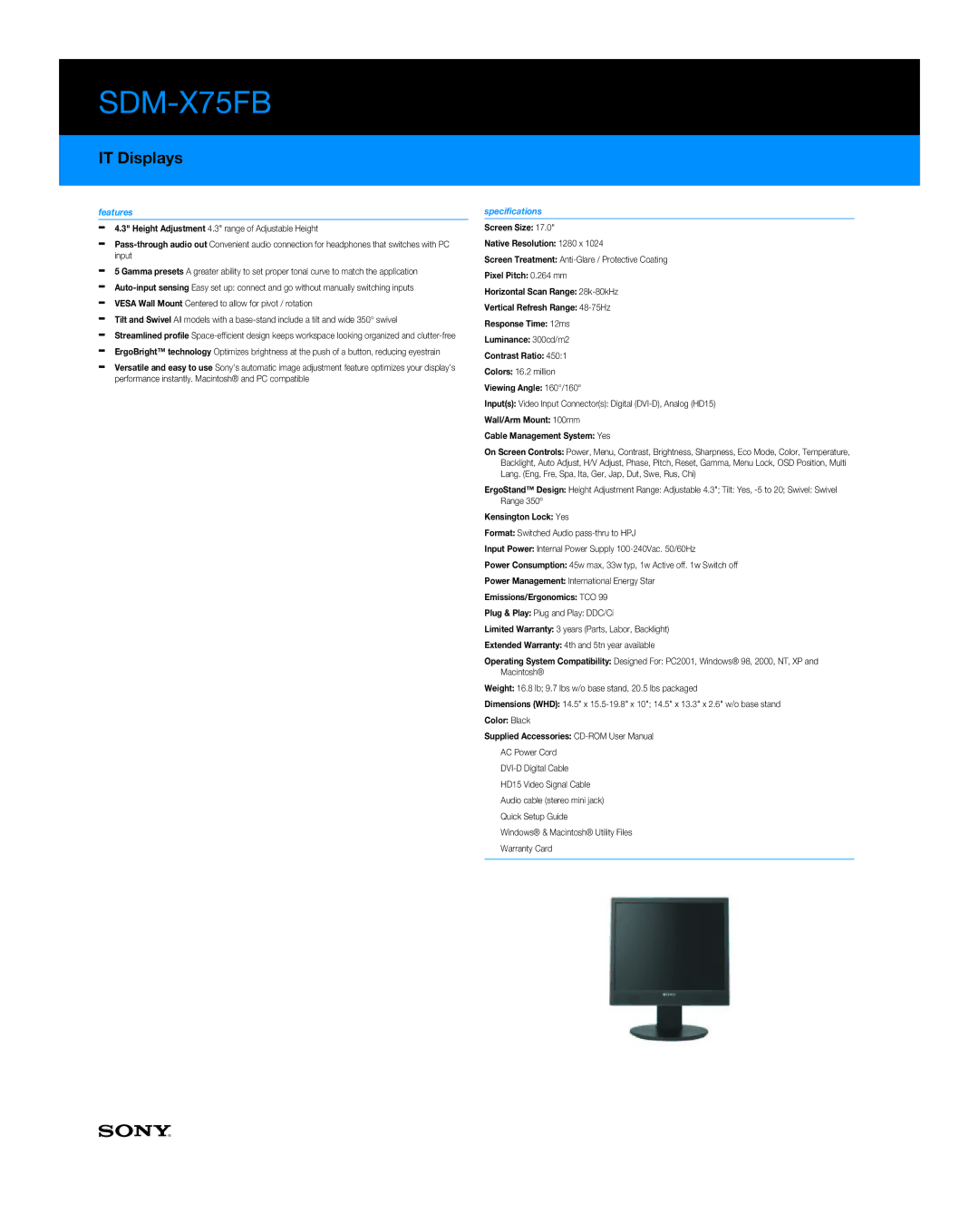 Sony SDM-X75FB manual Features, Specifications 