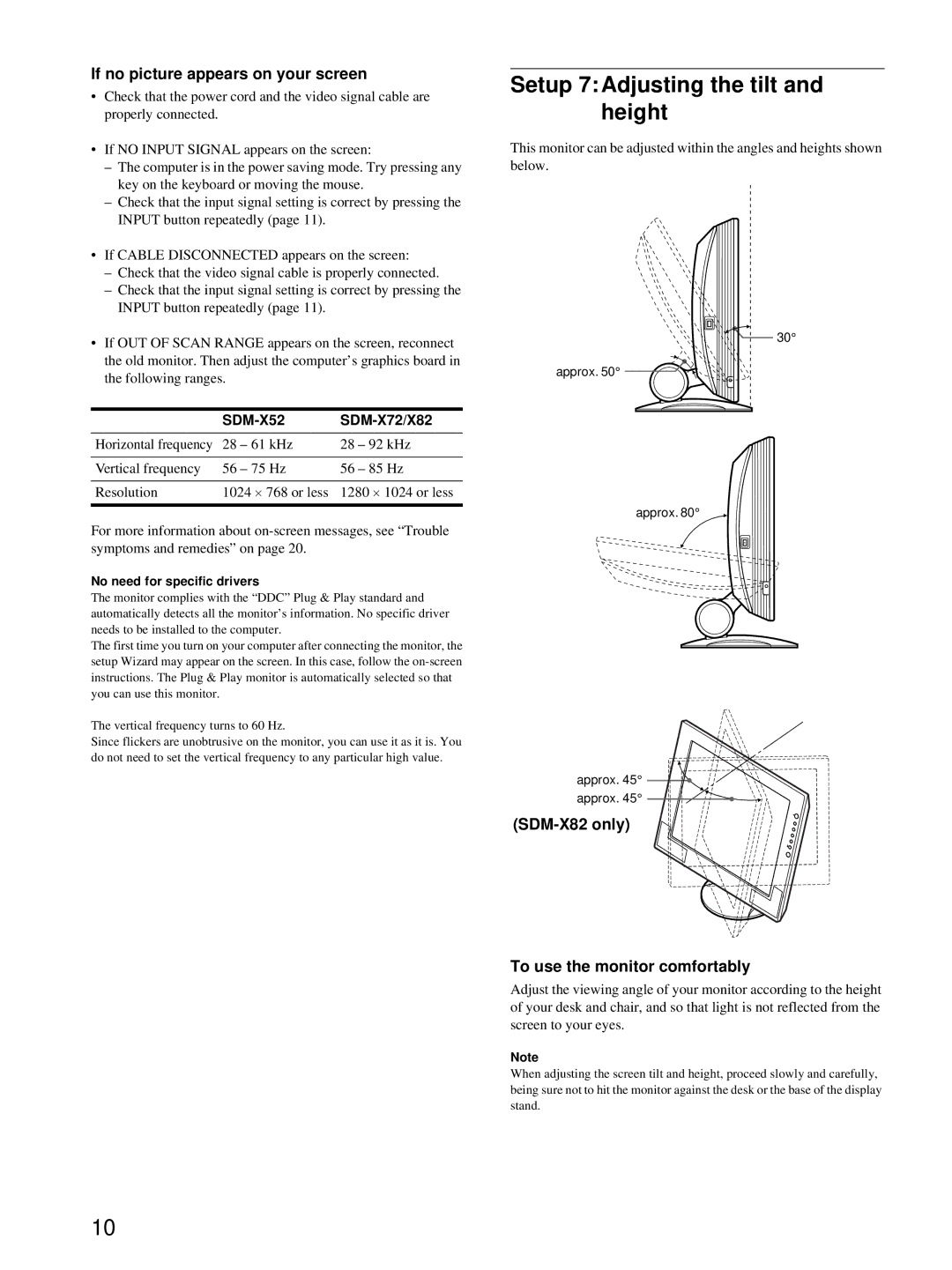 Sony SDM-X82 manual Setup 7Adjusting the tilt and height, If no picture appears on your screen, SDM-X72/X82 