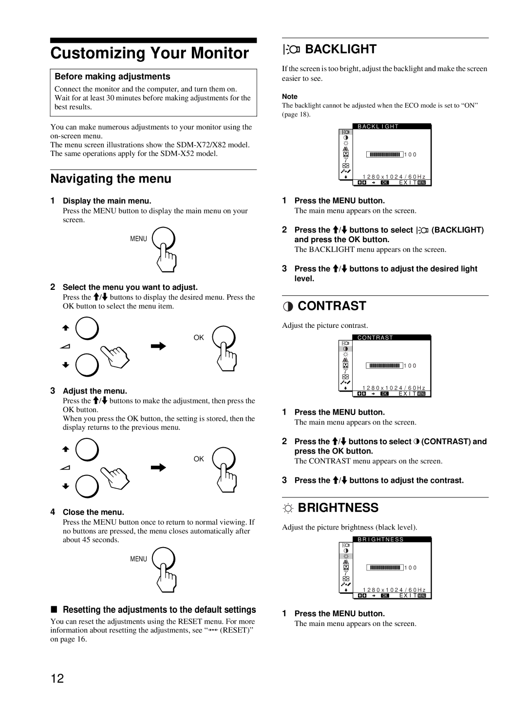 Sony SDM-X82, SDM-X72 manual Customizing Your Monitor, Navigating the menu, Backlight, Contrast, Brightness 