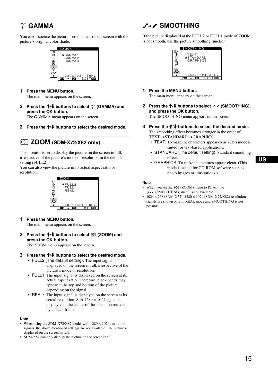 Sony SDM-X82 manual Gamma, Smoothing, Zoom SDM-X72/X82 only, Press the M/m buttons to select the desired mode 