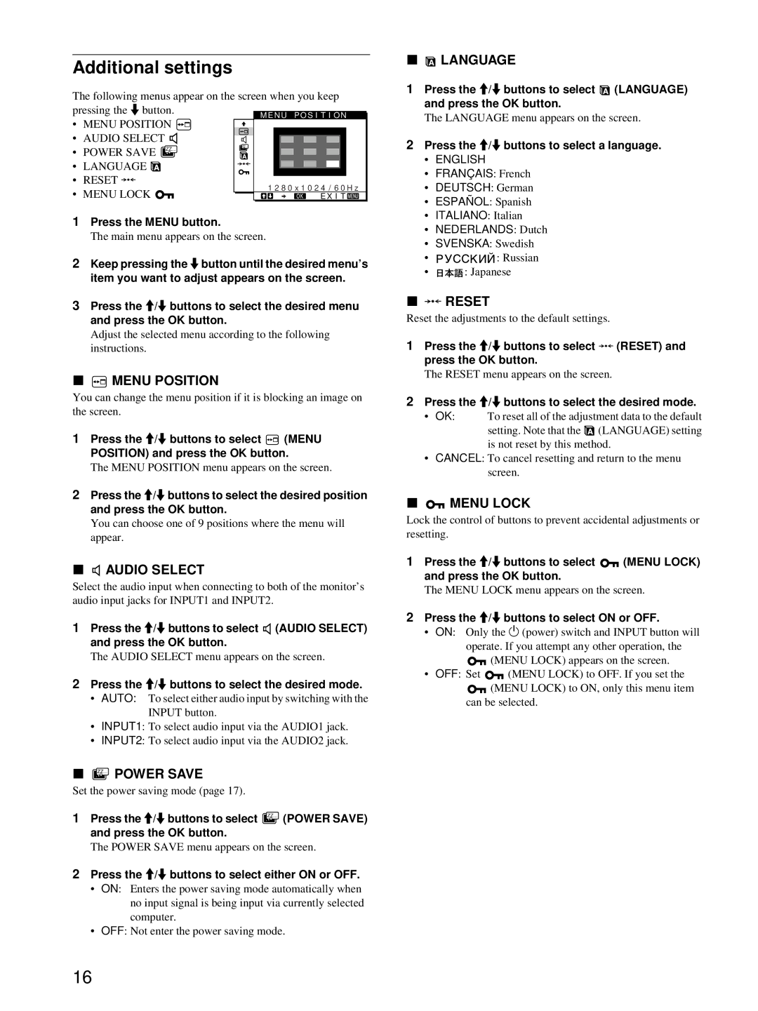 Sony SDM-X52, SDM-X72, SDM-X82 manual Additional settings 