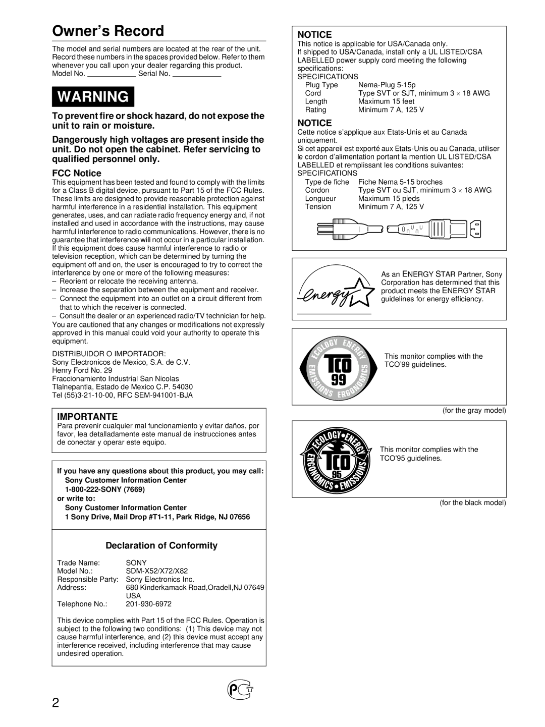 Sony SDM-X52, SDM-X72, SDM-X82 manual Owner’s Record, Declaration of Conformity 