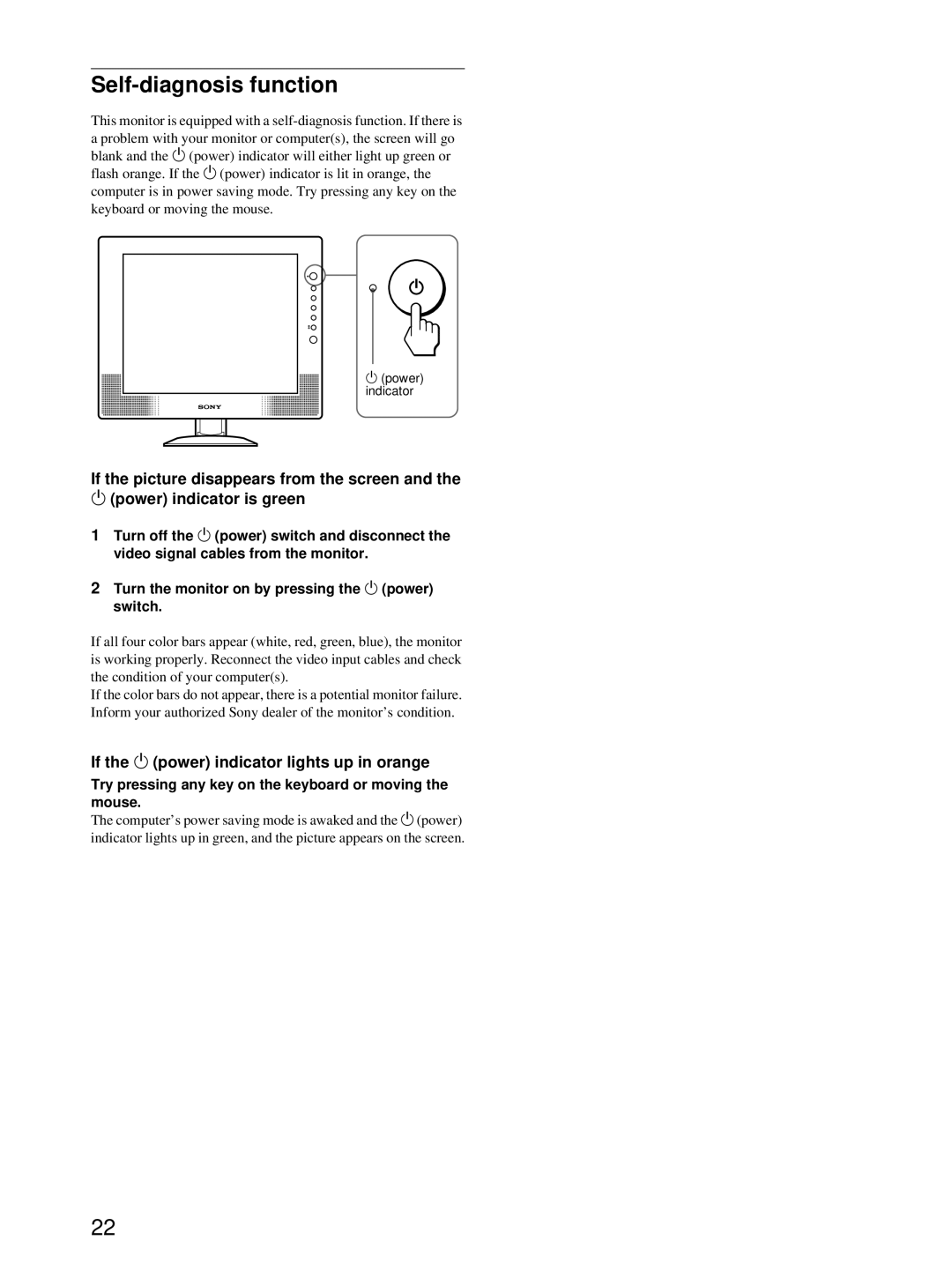 Sony SDM-X52, SDM-X72, SDM-X82 manual Self-diagnosis function, If the 1 power indicator lights up in orange 